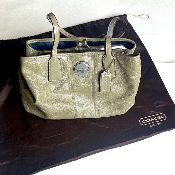 Coach Stitch Framed Kisslock Carryall Tote Bag in Olive / Gray Leather - Picture 2 of 13